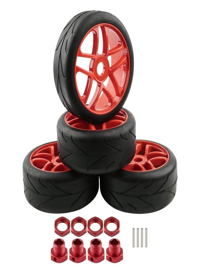 Rchobbytop 4pcs 1/8 Buggy Wheels and Tires Street Tyre with 17mm Drive Hub Hex Adapters Lock Nuts Replacement Parts for On Road Racing Kyosho Tamiya Traxxas HPI HSP, Red - Image 1